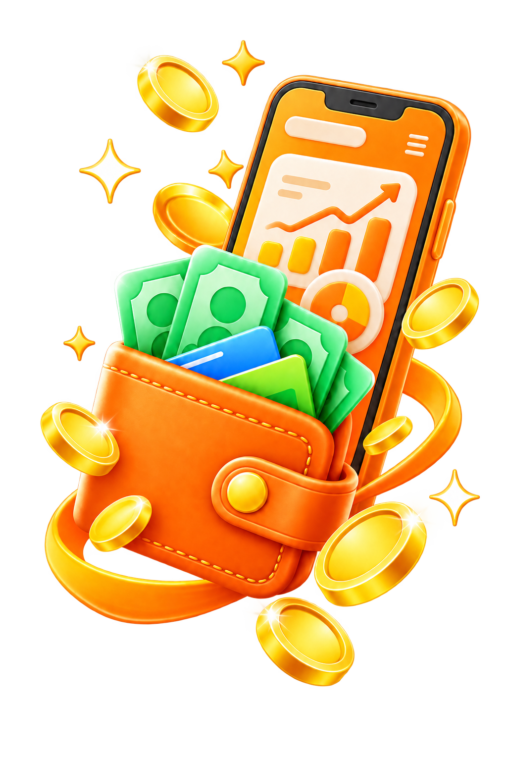 Cash Baka wallet, smartphone, cash and gold coins
